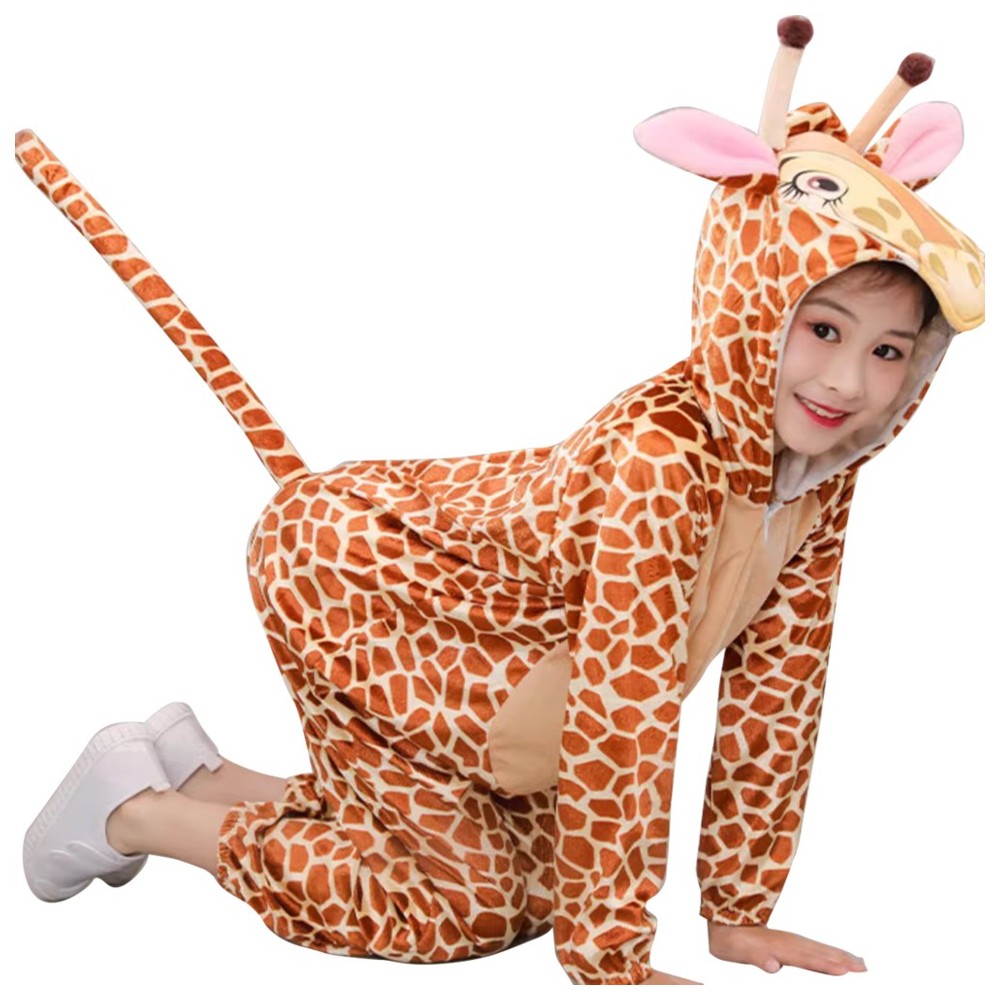 Liangsanzhi - Kids Giraffe Hooded Plush Costume Jumpsuit - Brown
