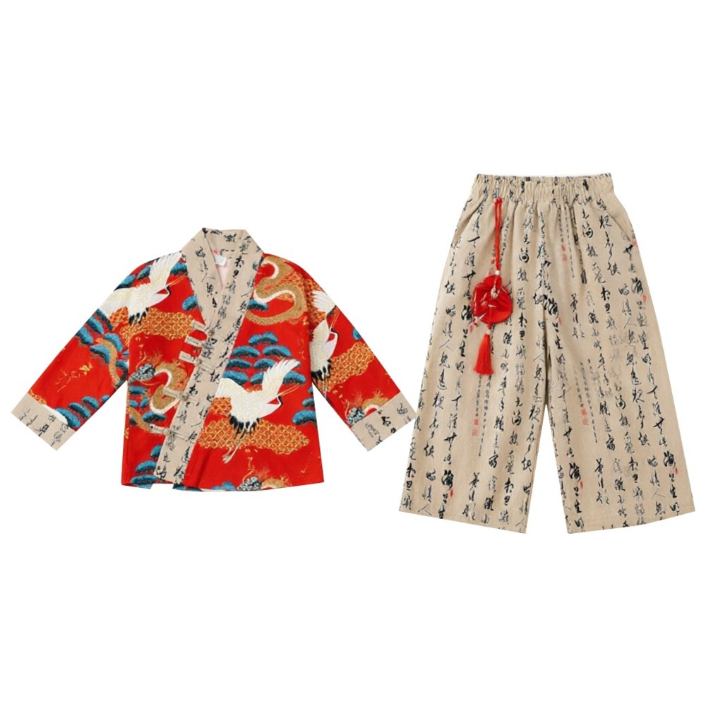 Liangsanzhi - 2pc-Set - Boy's Traditional Chinese Hanfu Shirt And Wide-Leg Pants
