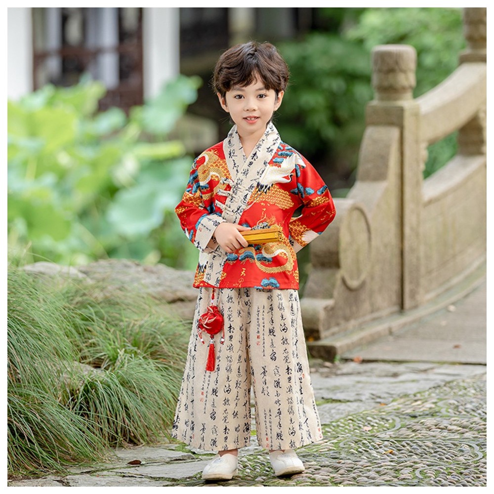 Liangsanzhi - 2pc-Set - Boy's Traditional Chinese Hanfu Shirt And Wide-Leg Pants