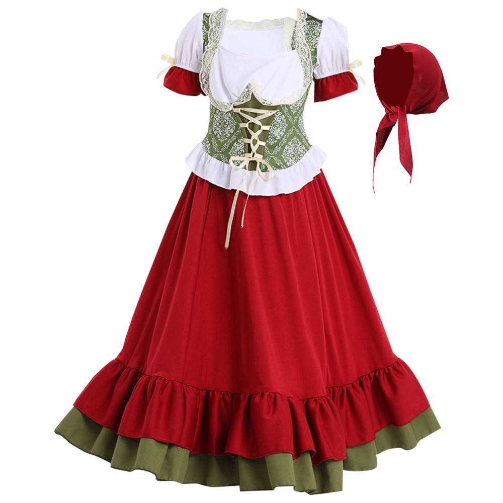 Liangsanzhi - 3pc-Set - Girl's Bavarian Dirndl Top With Skirt And Headscarf - Red/Green