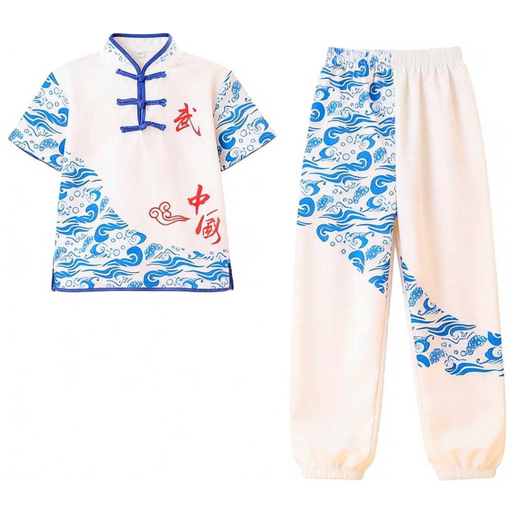 Liangsanzhi - 2pc-Set - Kids Short Sleeves Chinese Kung Fu Costume - White/Blue