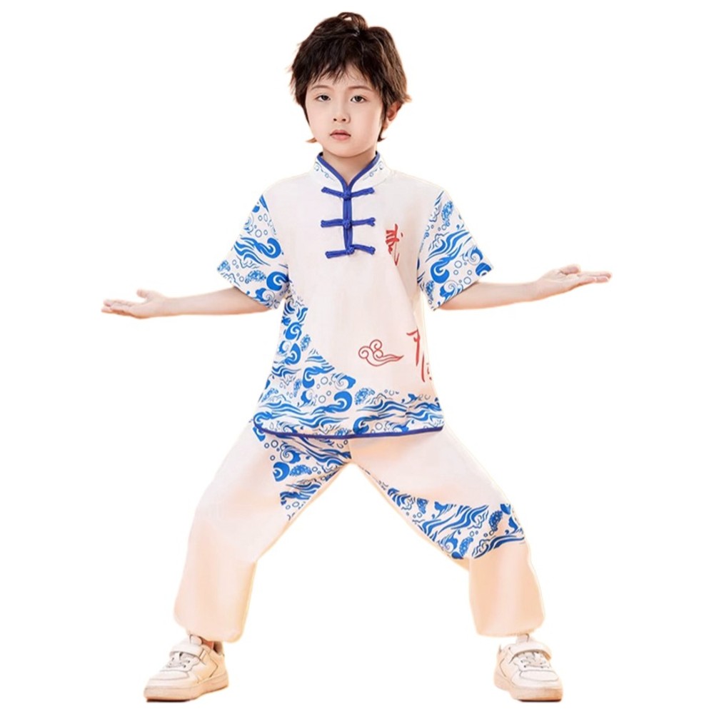Liangsanzhi - 2pc-Set - Kids Short Sleeves Chinese Kung Fu Costume - White/Blue
