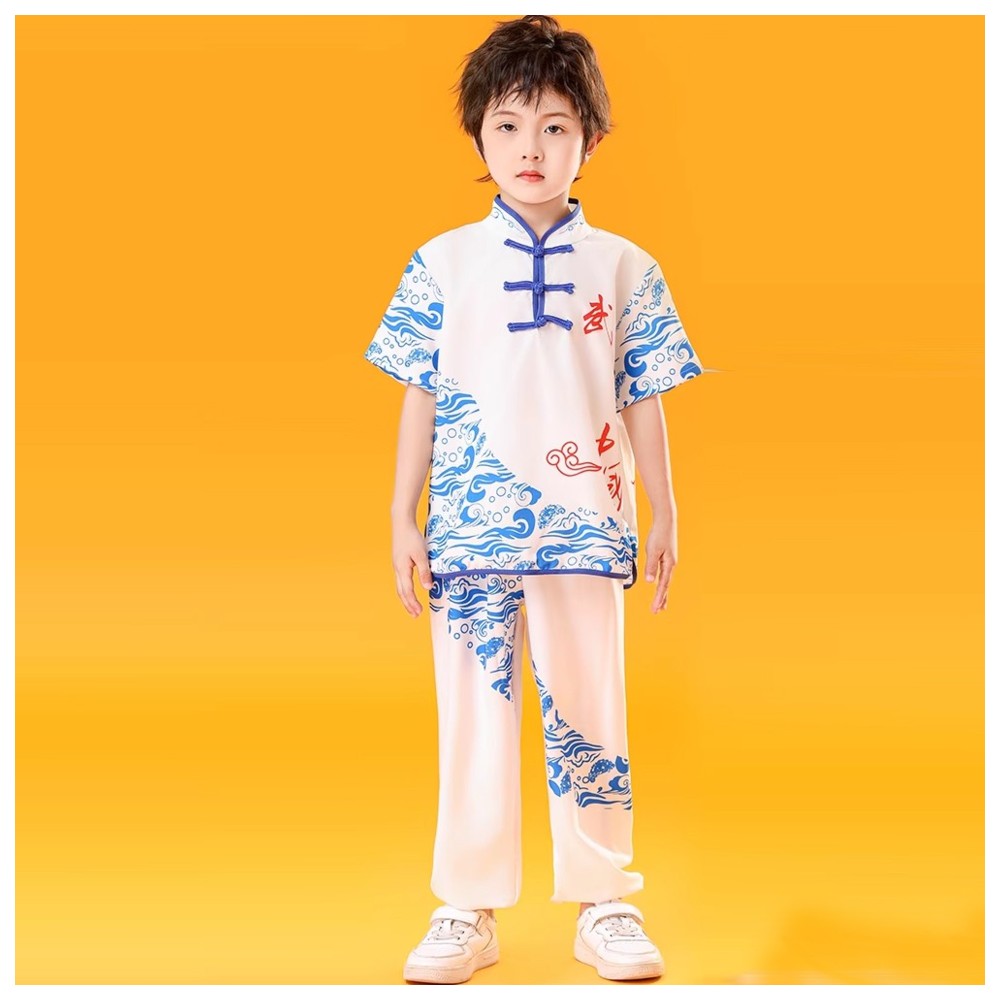 Liangsanzhi - 2pc-Set - Kids Short Sleeves Chinese Kung Fu Costume - White/Blue