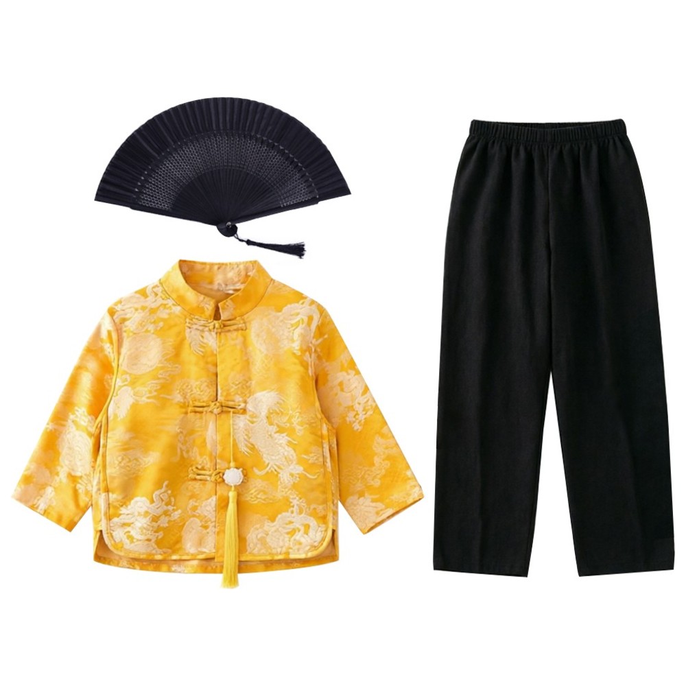 Liangsanzhi - 3pc-Set - Boy's Chinese Tang Suit Costume With Fan - Gold/Black