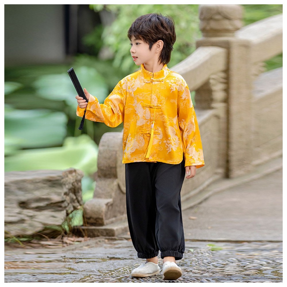 Liangsanzhi - 3pc-Set - Boy's Chinese Tang Suit Costume With Fan - Gold/Black