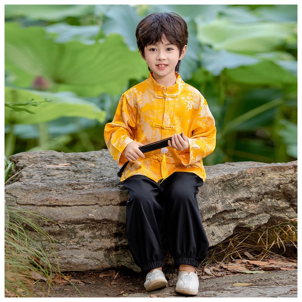 Liangsanzhi - 3pc-Set - Boy's Chinese Tang Suit Costume With Fan - Gold/Black