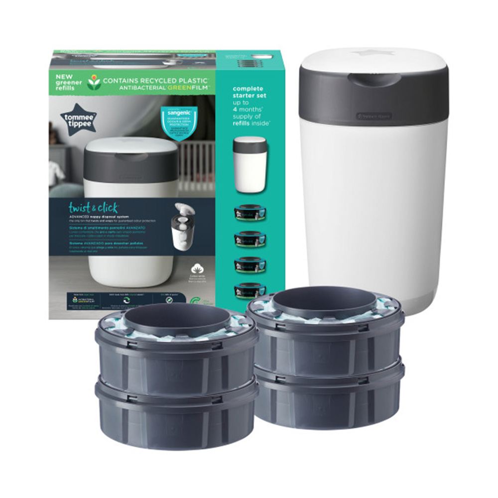 Tommee Tippee - Twist & Click Advanced Nappy Bin Starter Set With 4 Refills