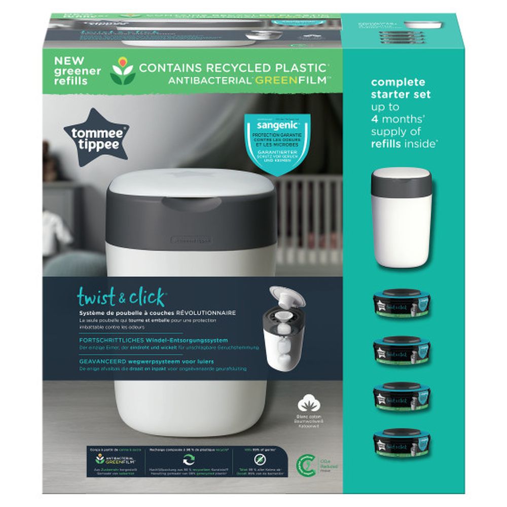 Tommee Tippee - Twist & Click Advanced Nappy Bin Starter Set With 4 Refills
