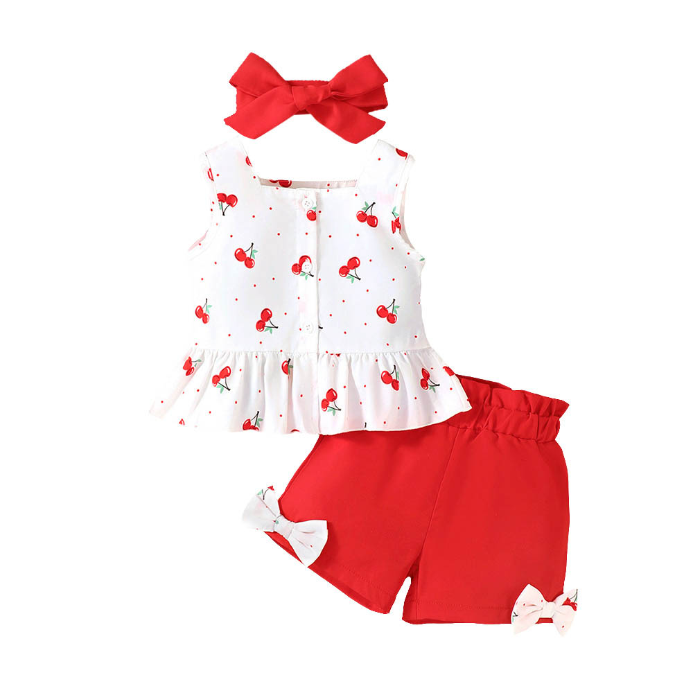 Brownbark Baby Girl's Cherry Printed Top with Shorts and Headband - Red/White - 3 Pcs