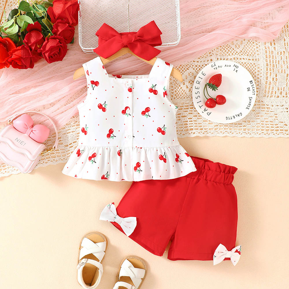Brownbark Baby Girl's Cherry Printed Top with Shorts and Headband - Red/White - 3 Pcs