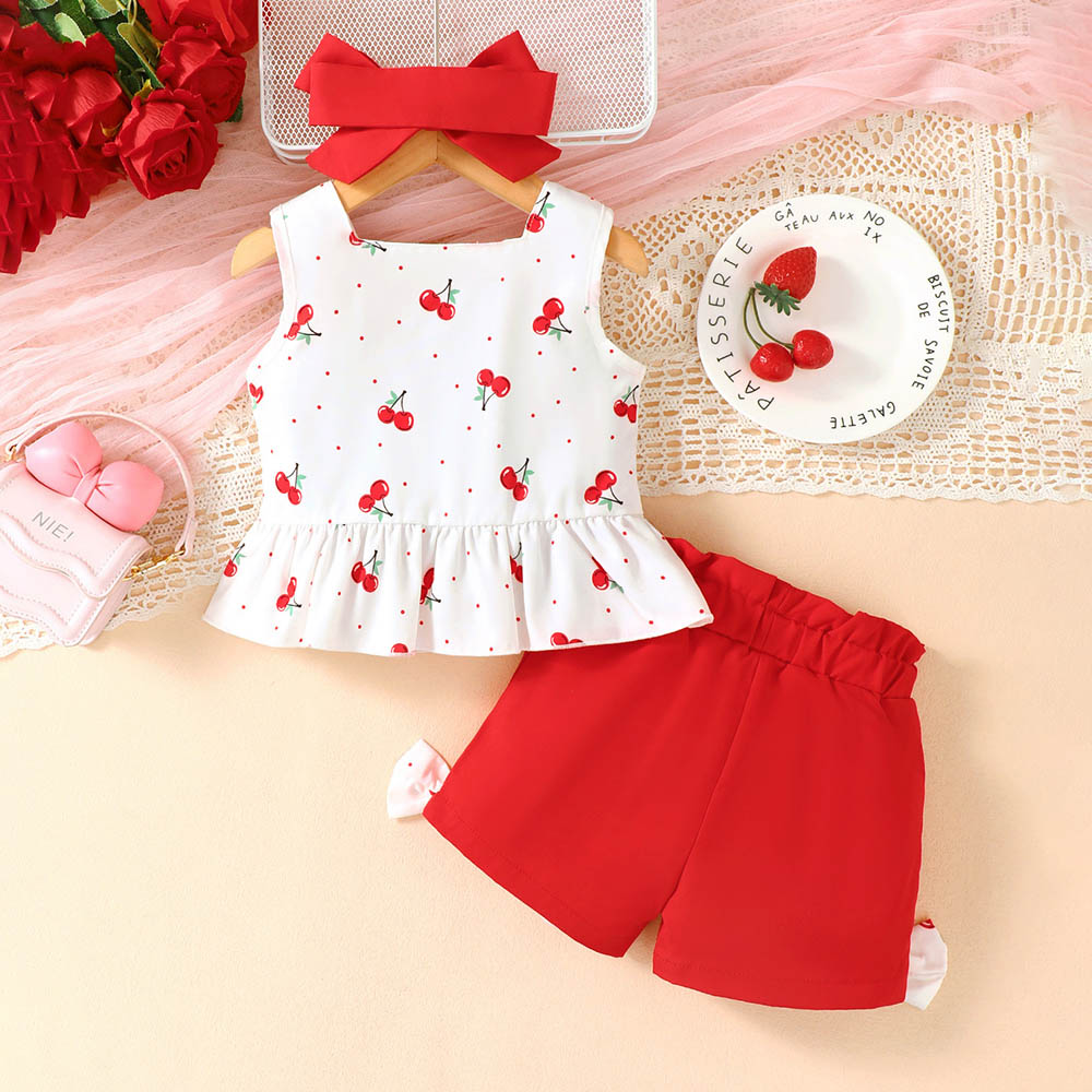 Brownbark Baby Girl's Cherry Printed Top with Shorts and Headband - Red/White - 3 Pcs