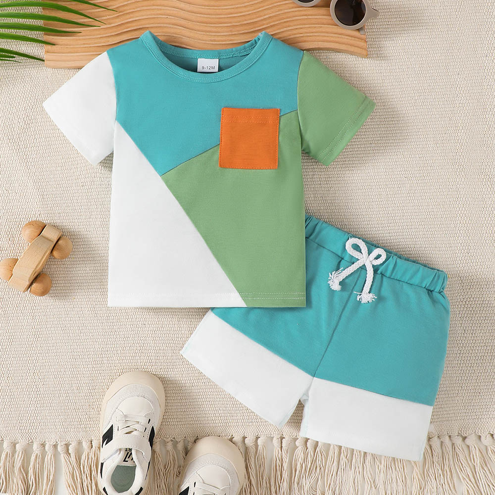 Brownbark Baby Boy's Short Sleeves Colorblocked T-Shirt and Shorts - 2 Pcs