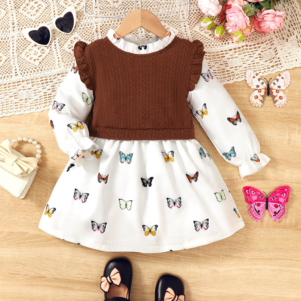 Brownbark Girl's Butterfly Printed Long Sleeves Dress