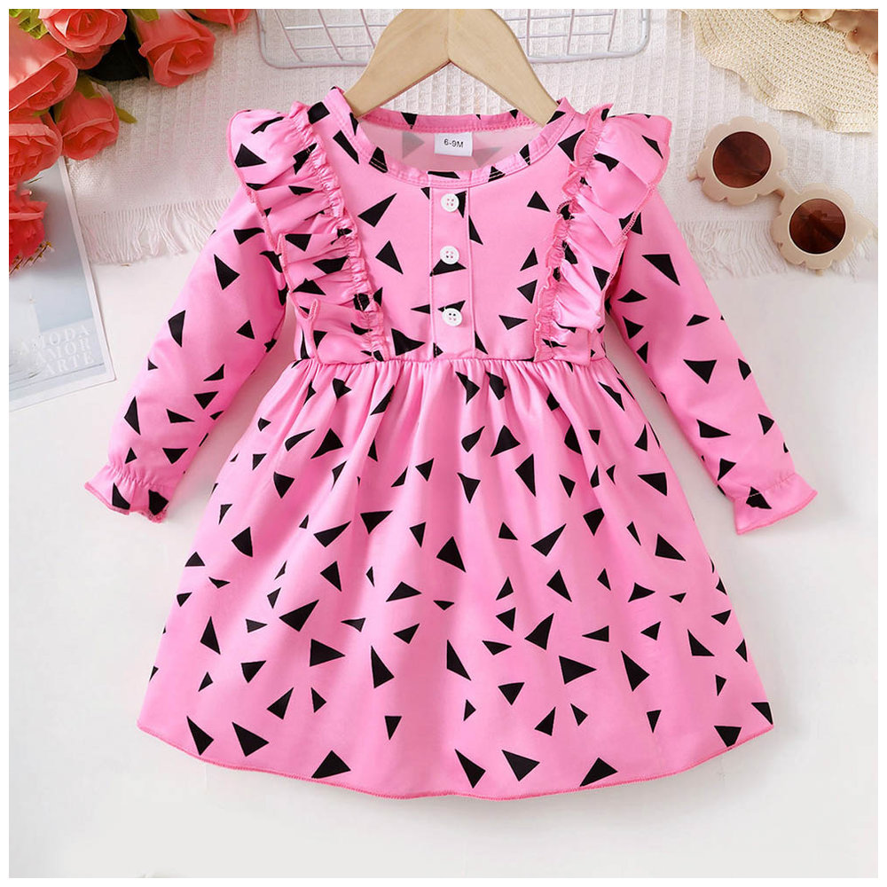Brownbark Baby Girl's Geometric Printed Long Sleeves Dress - Pink