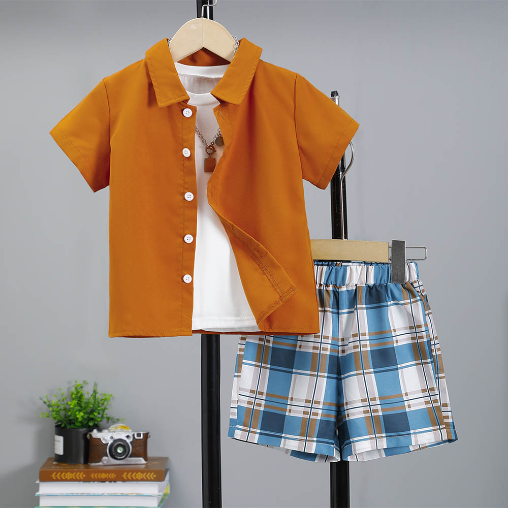 Brownbark Boy's Short Sleeves Shirt and Checkered Shorts - 2 Pcs