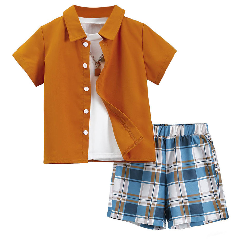 Brownbark Boy's Short Sleeves Shirt and Checkered Shorts - 2 Pcs