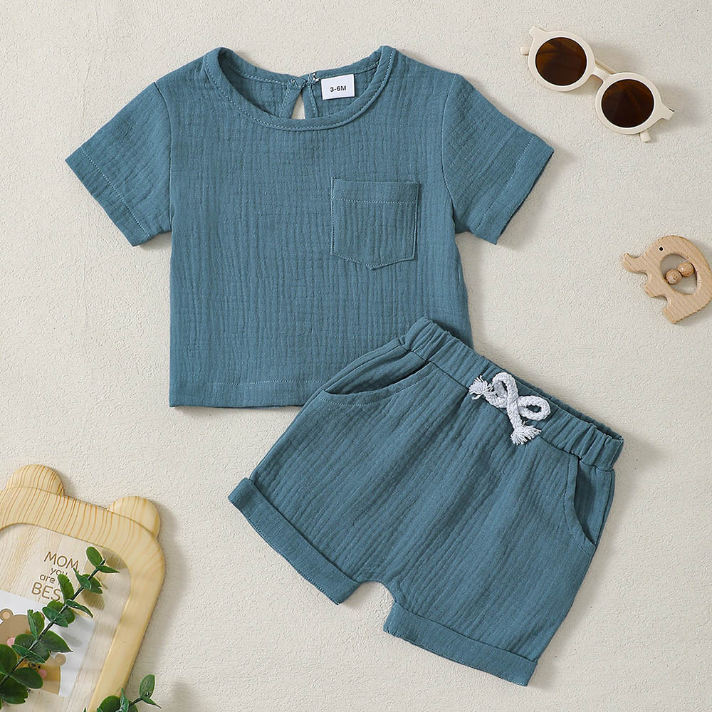 Brownbark Baby Boy's Solid Round Neck T-Shirt and Shorts - Blue - 2 Pcs