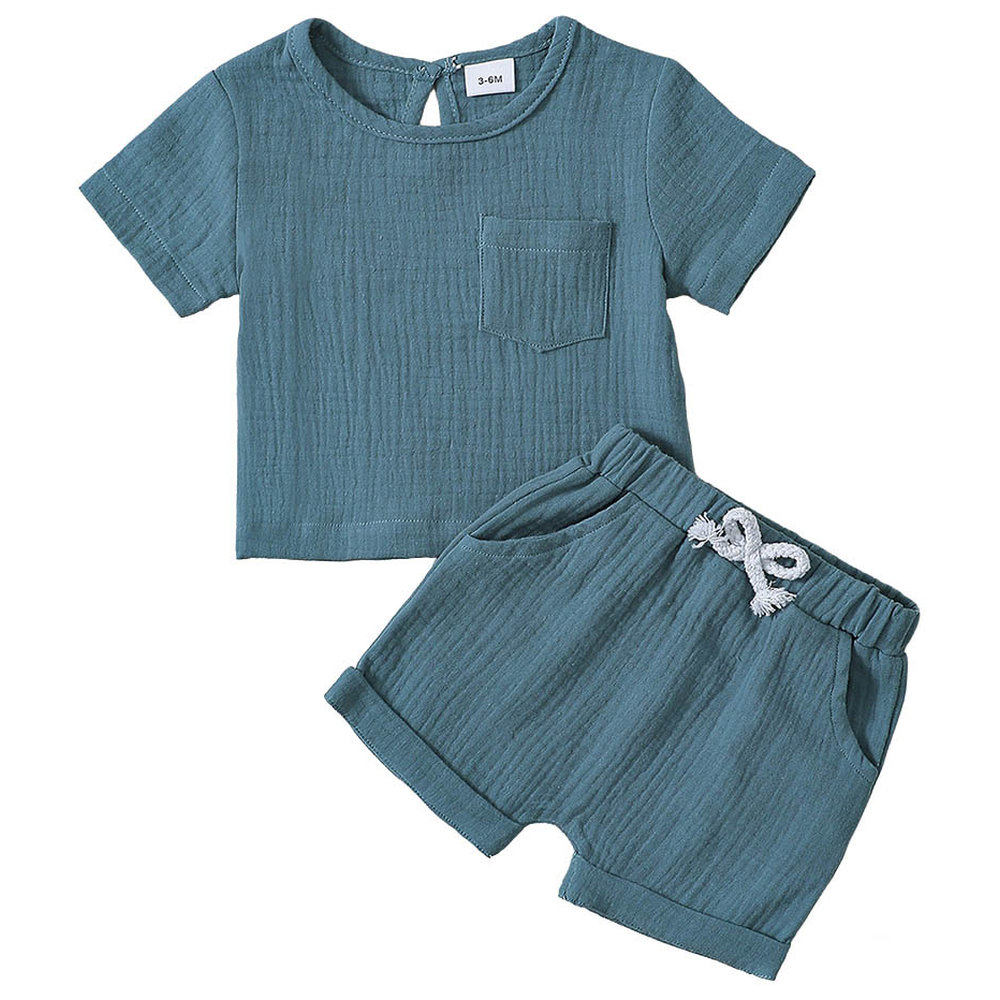 Brownbark Baby Boy's Solid Round Neck T-Shirt and Shorts - Blue - 2 Pcs