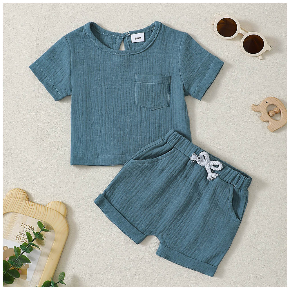 Brownbark Baby Boy's Solid Round Neck T-Shirt and Shorts - Blue - 2 Pcs
