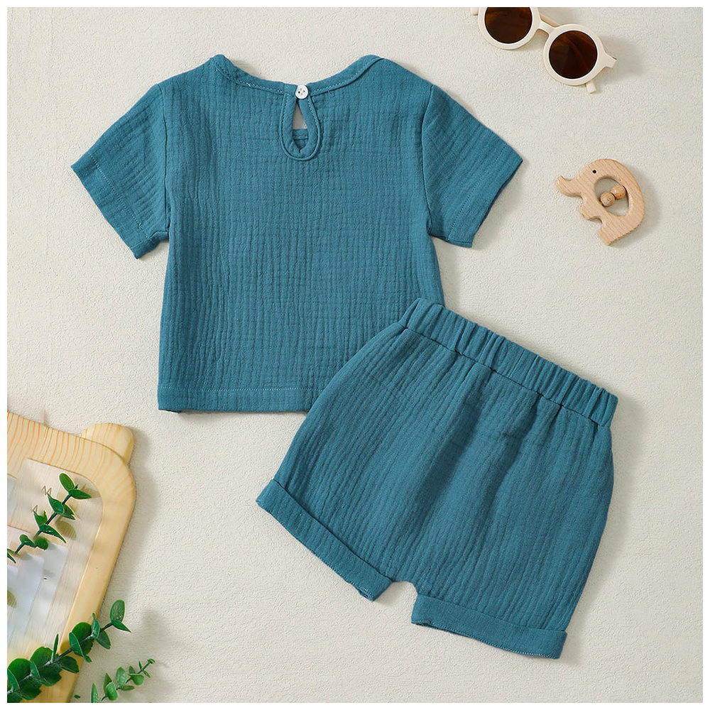 Brownbark Baby Boy's Solid Round Neck T-Shirt and Shorts - Blue - 2 Pcs