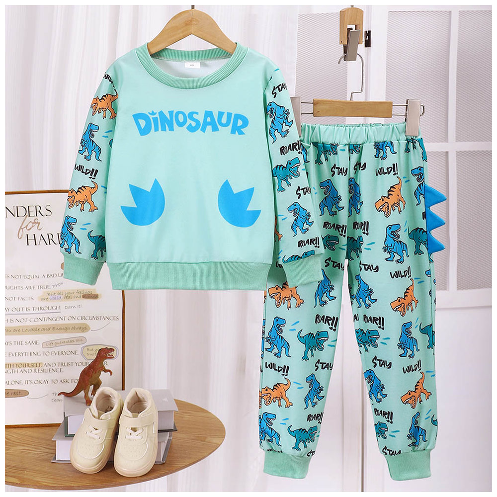 Brownbark Boy's Dinosaur Printed Round Neck T-Shirt and Pants - 2 Pcs