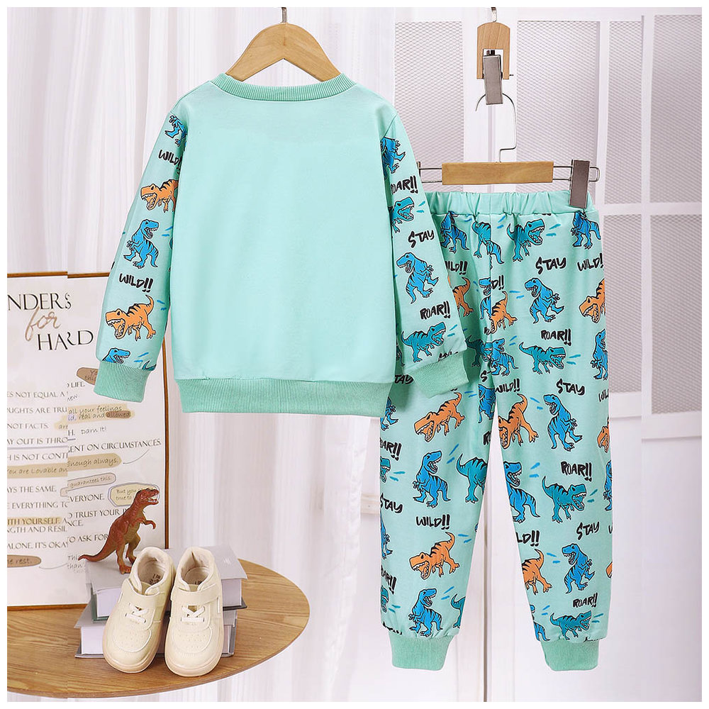 Brownbark Boy's Dinosaur Printed Round Neck T-Shirt and Pants - 2 Pcs