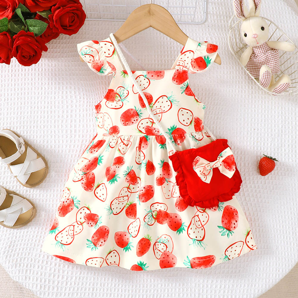 Brownbark Baby Girl's Strawberry Printed Dress and Sling Bag - 2 Pcs