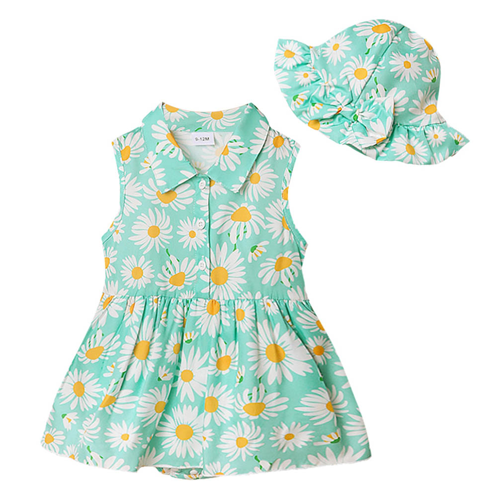 Brownbark Baby Girl's Daisy Printed Sleeveless Dress and Hat - Blue - 2 Pcs