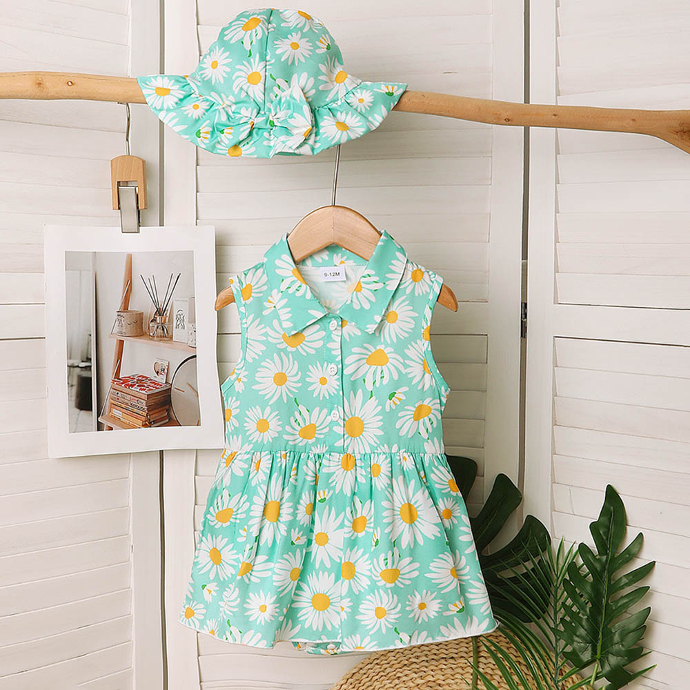 Brownbark Baby Girl's Daisy Printed Sleeveless Dress and Hat - Blue - 2 Pcs