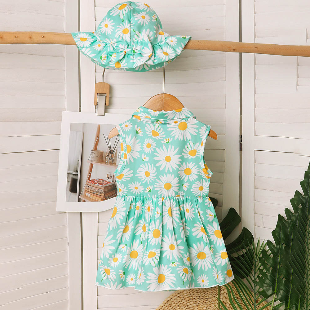 Brownbark Baby Girl's Daisy Printed Sleeveless Dress and Hat - Blue - 2 Pcs