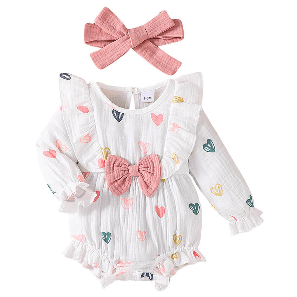 Brownbark Baby Girl's Heart Printed Long Sleeves Bodysuit and Headband - 2 Pcs