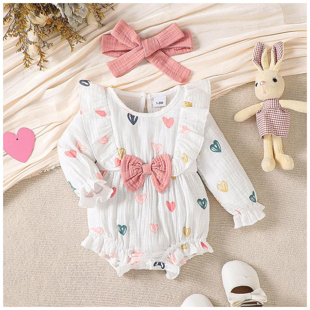 Brownbark Baby Girl's Heart Printed Long Sleeves Bodysuit and Headband - 2 Pcs