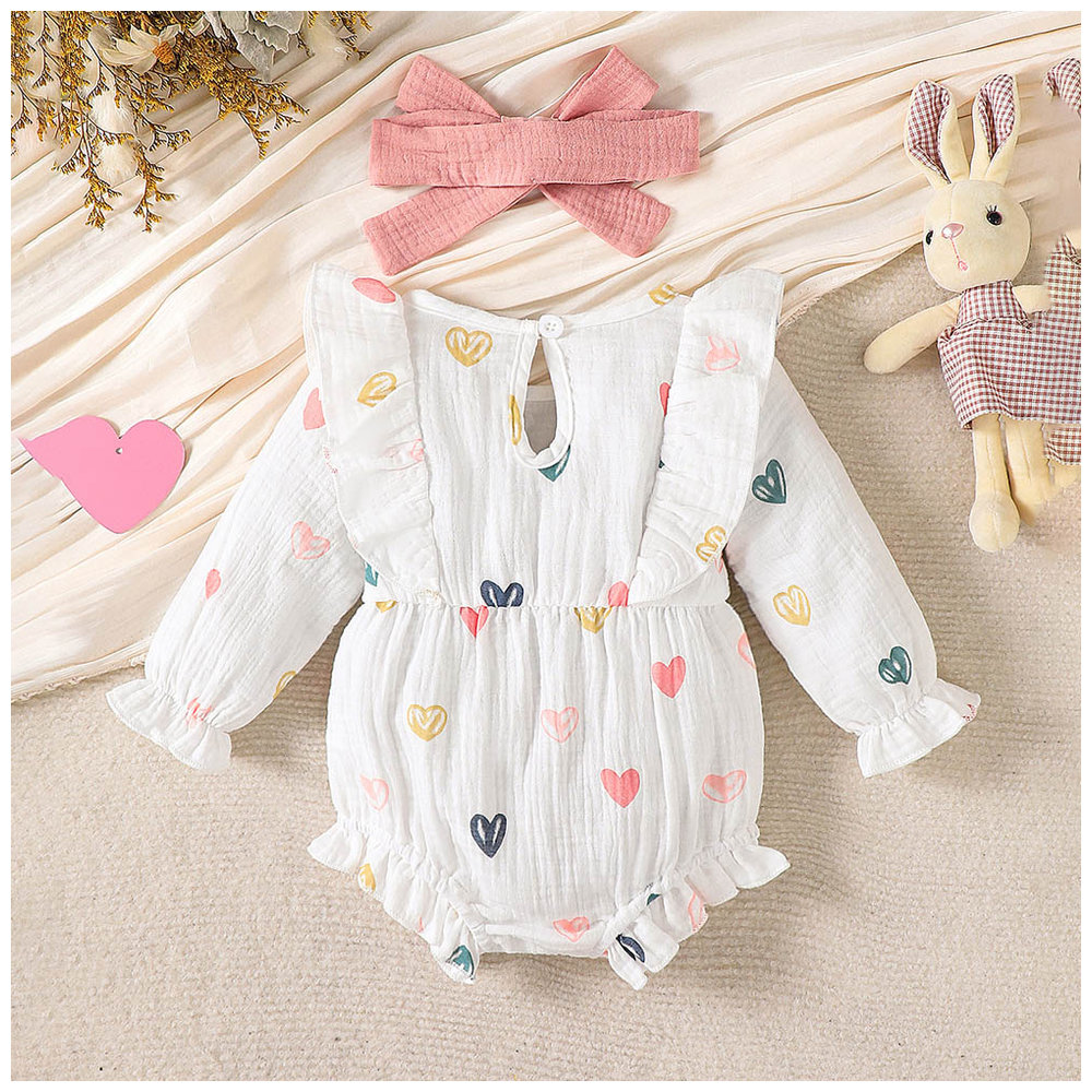 Brownbark Baby Girl's Heart Printed Long Sleeves Bodysuit and Headband - 2 Pcs