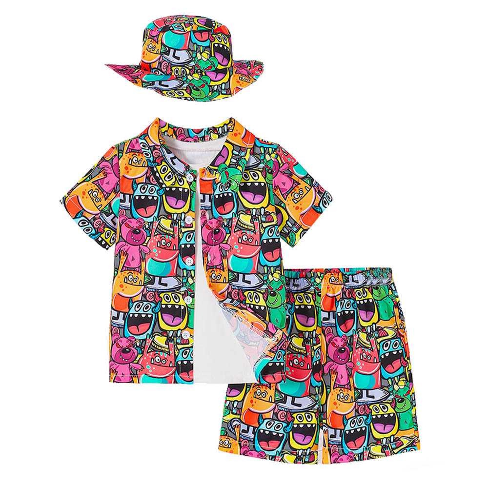 Brownbark Boy's Monster Printed Short Sleeves Shirt with Shorts and Sun Hat - 3 Pcs