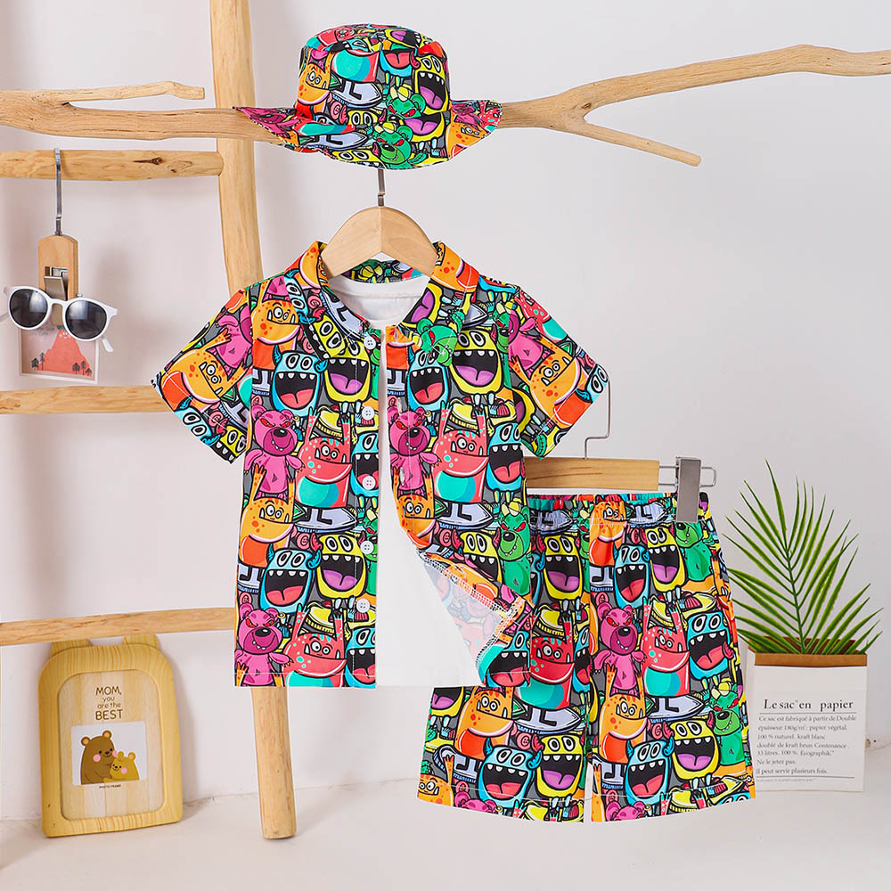 Brownbark Boy's Monster Printed Short Sleeves Shirt with Shorts and Sun Hat - 3 Pcs