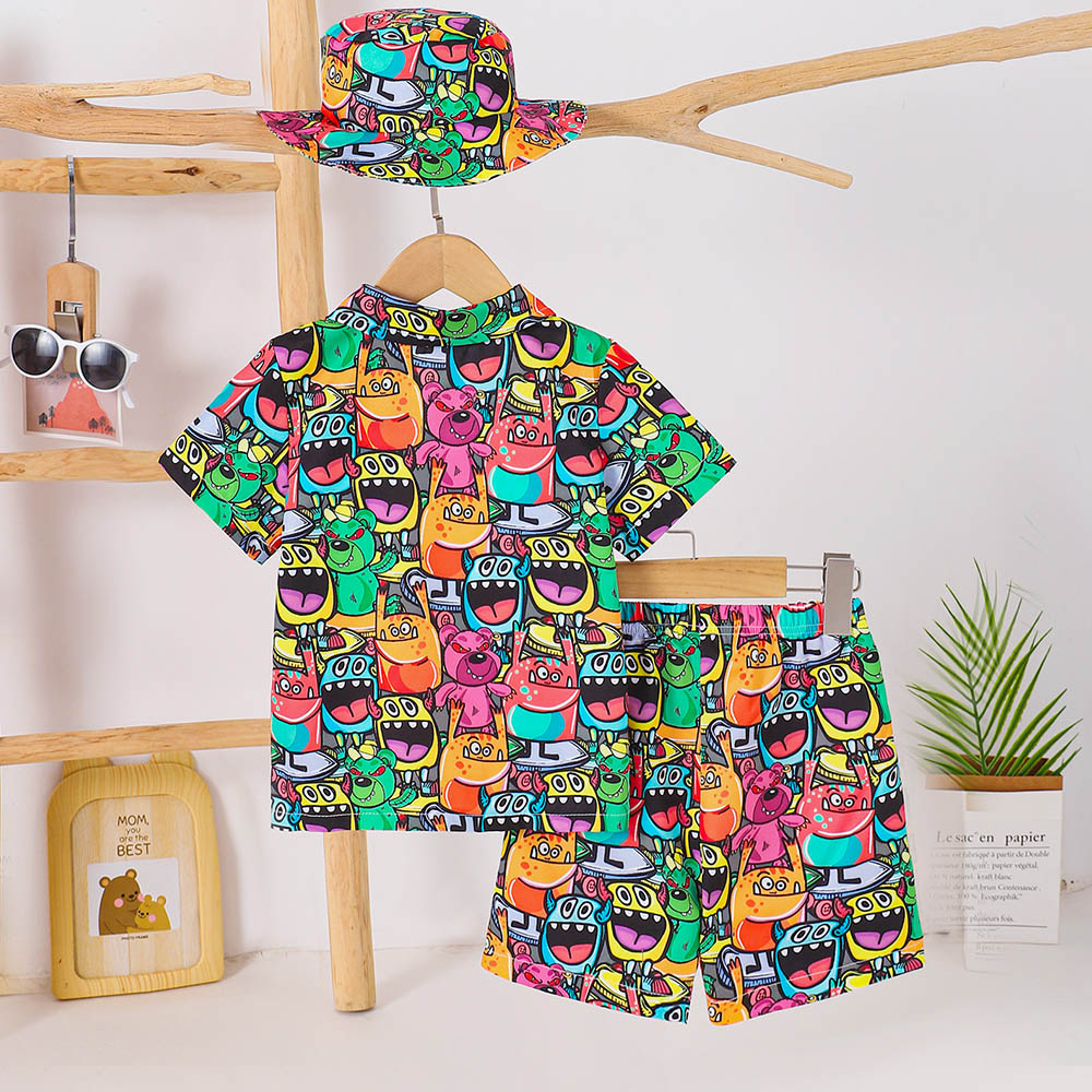 Brownbark Boy's Monster Printed Short Sleeves Shirt with Shorts and Sun Hat - 3 Pcs