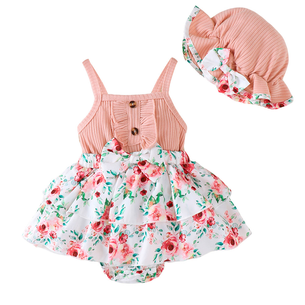 Brownbark Baby Girl's Sleeveless Floral Romper Dress and Hat - 2 Pcs