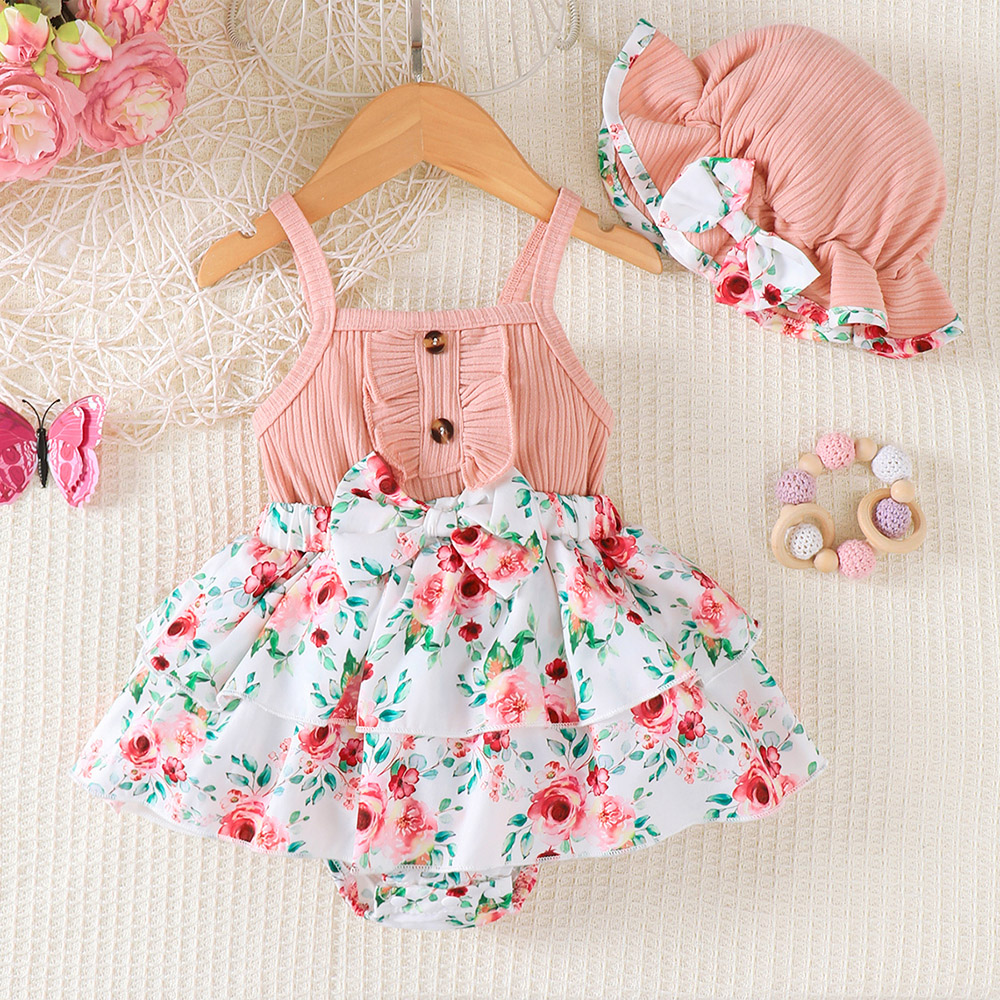 Brownbark Baby Girl's Sleeveless Floral Romper Dress and Hat - 2 Pcs