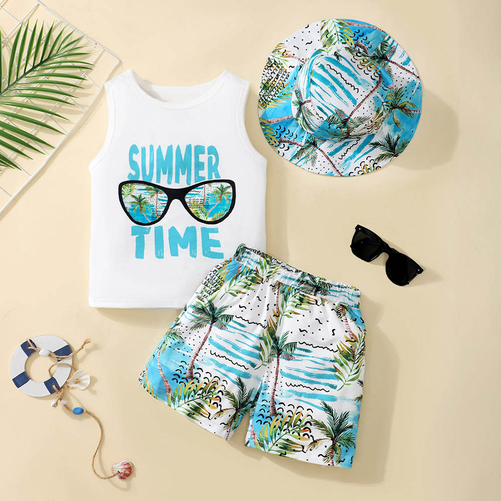 Brownbark Boy's Printed Vest with Shorts and Hat - Blue - 3 Pcs