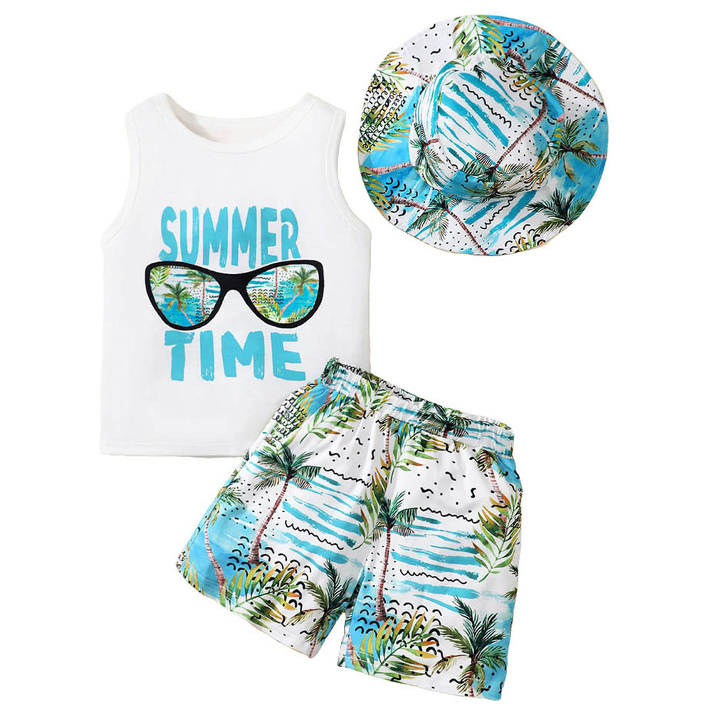 Brownbark Boy's Printed Vest with Shorts and Hat - Blue - 3 Pcs