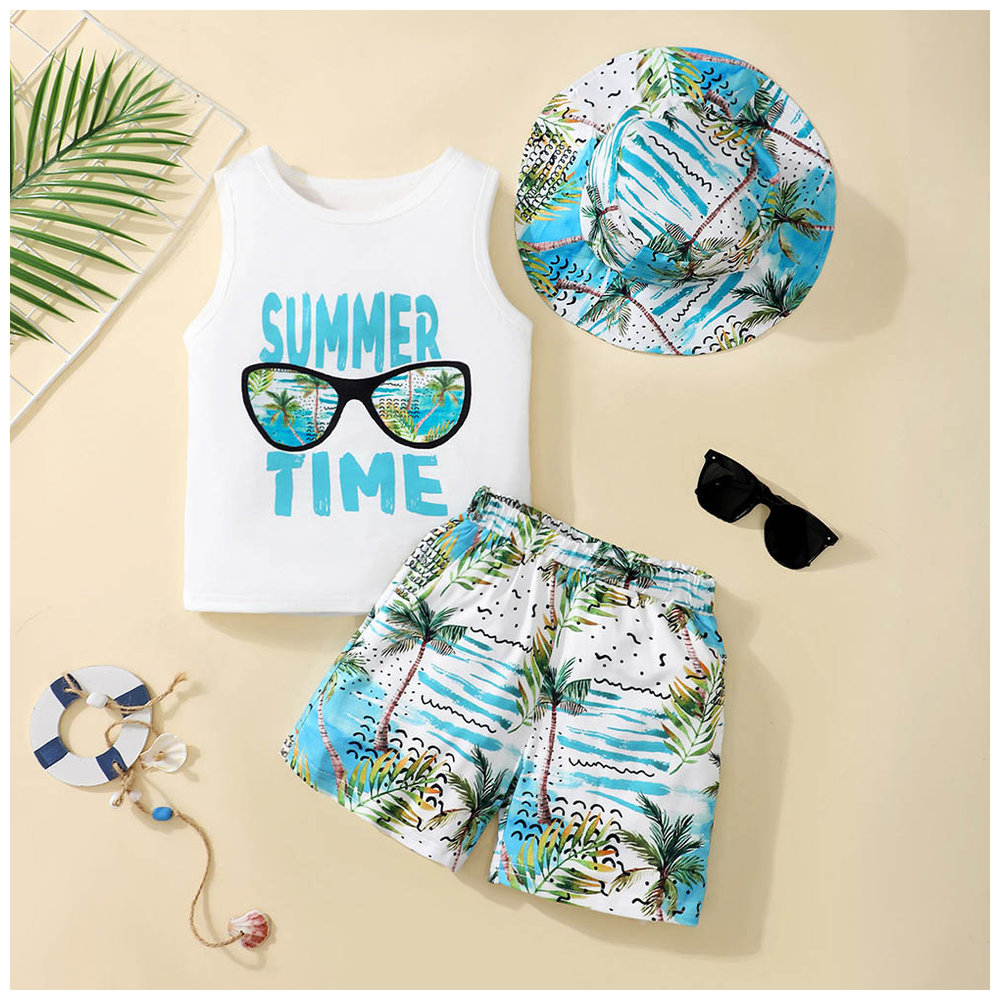 Brownbark Boy's Printed Vest with Shorts and Hat - Blue - 3 Pcs