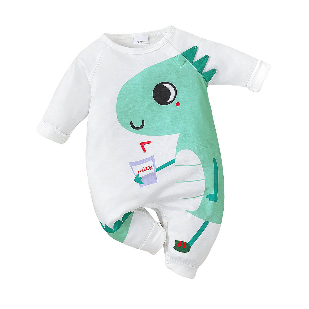 Brownbark Baby Boy's Cute Dino Printed Long Sleeves Jumpsuit - White