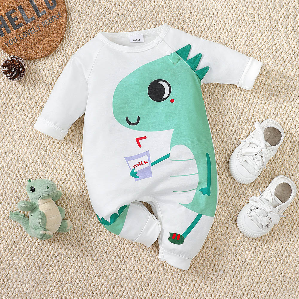 Brownbark Baby Boy's Cute Dino Printed Long Sleeves Jumpsuit - White