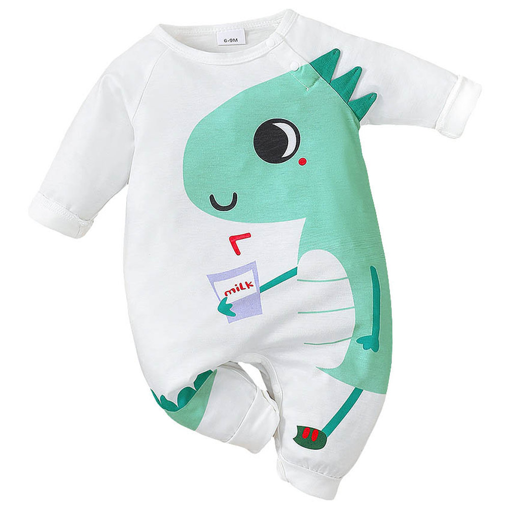 Brownbark Baby Boy's Cute Dino Printed Long Sleeves Jumpsuit - White