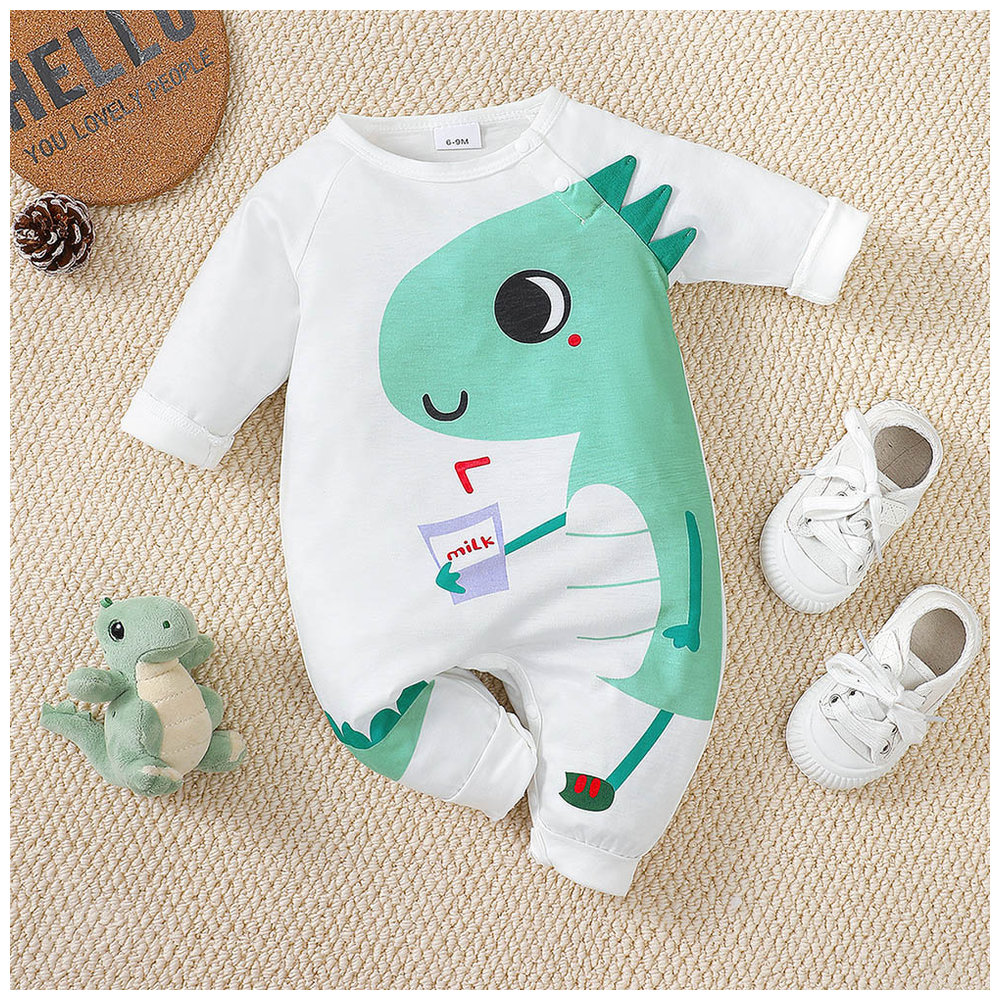 Brownbark Baby Boy's Cute Dino Printed Long Sleeves Jumpsuit - White