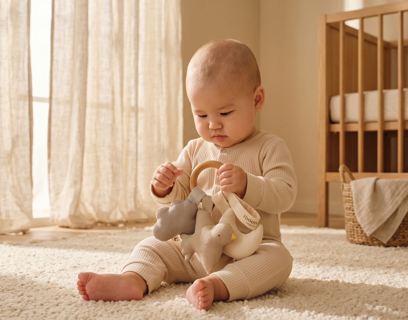 Moonboon - Soft Night Toy With Wooden Ring - Nature