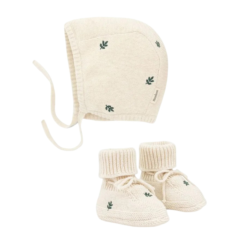 Moonboon - 2pc-Set - Cotton Knitted Leaf Bonnet And Booties - Beige