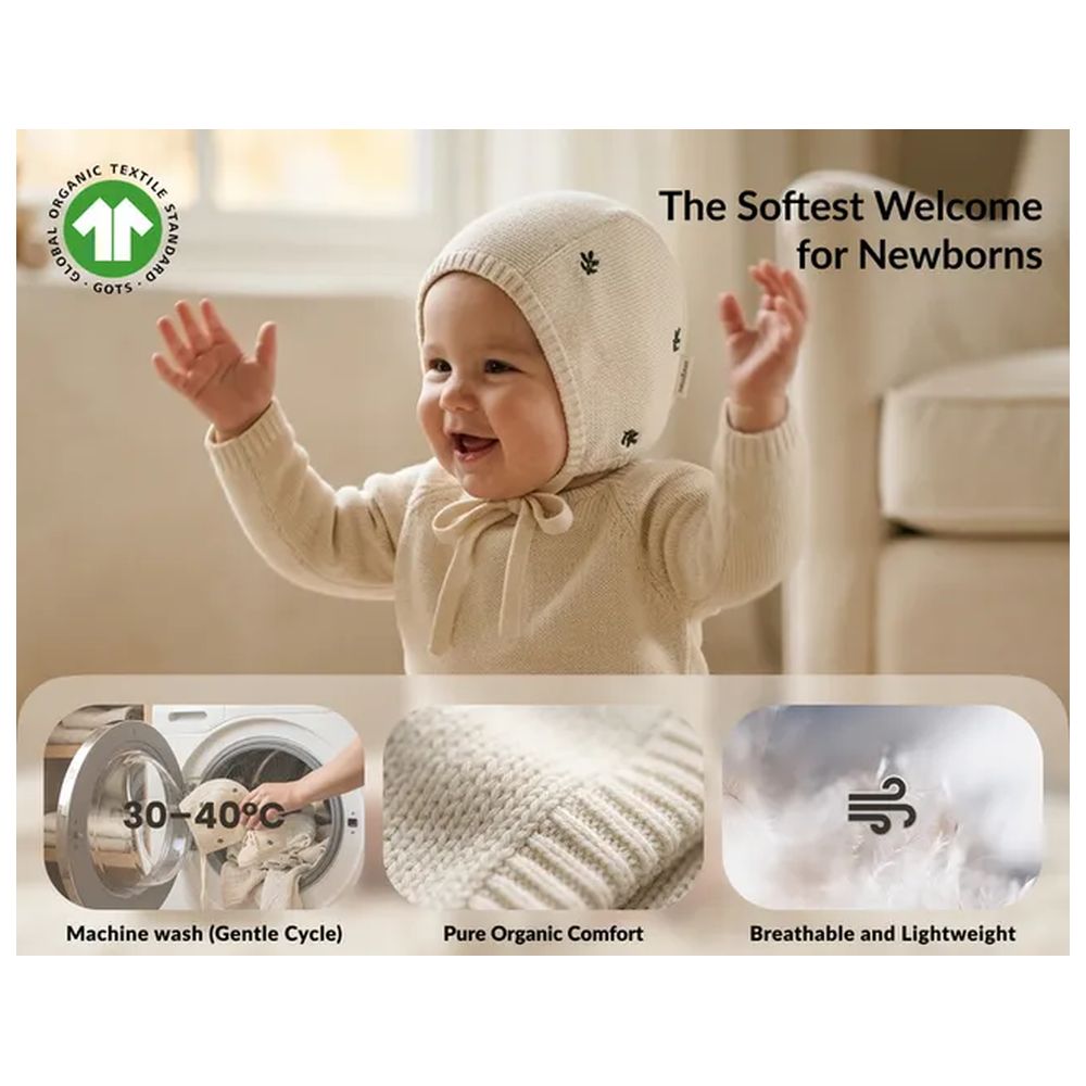 Moonboon - 2pc-Set - Cotton Knitted Leaf Bonnet And Booties - Beige