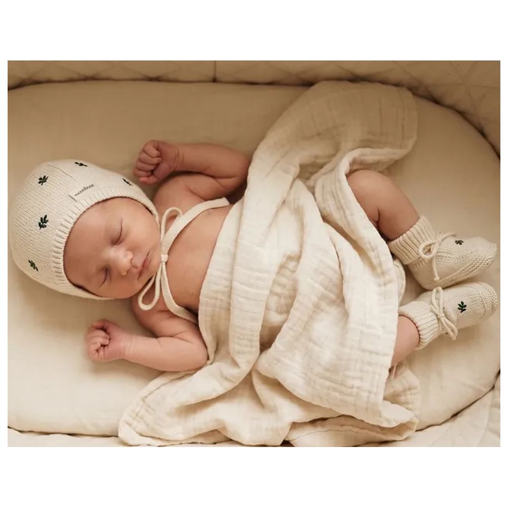 Moonboon - 2pc-Set - Cotton Knitted Leaf Bonnet And Booties - Beige