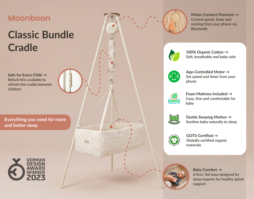 Moonboon - Baby Cradle Bundle With Motor Connect Premium & Tripod Stand - Nature